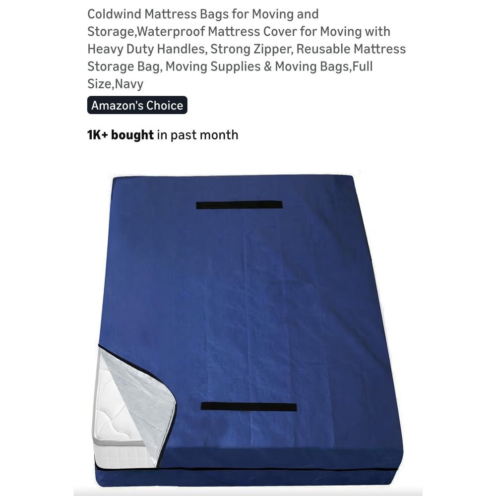 Full-Sized Navy Mattress Cover w/ Handles for Moving & Storing Zip Closure